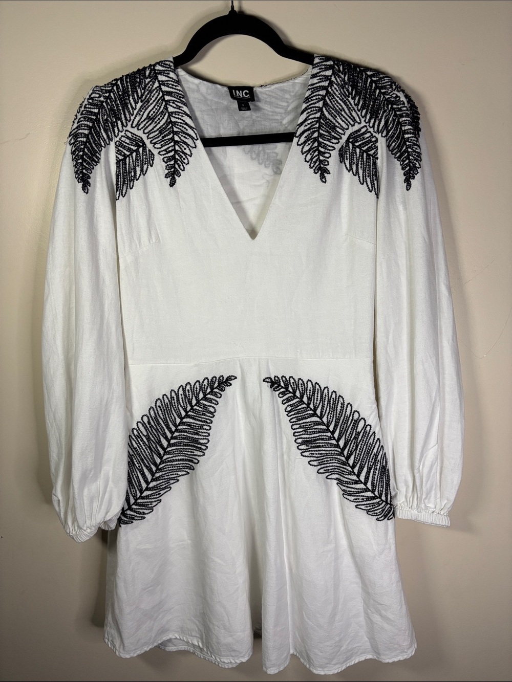 INC International Concepts White Long Sleeve Dress with Black Fern Embroidery